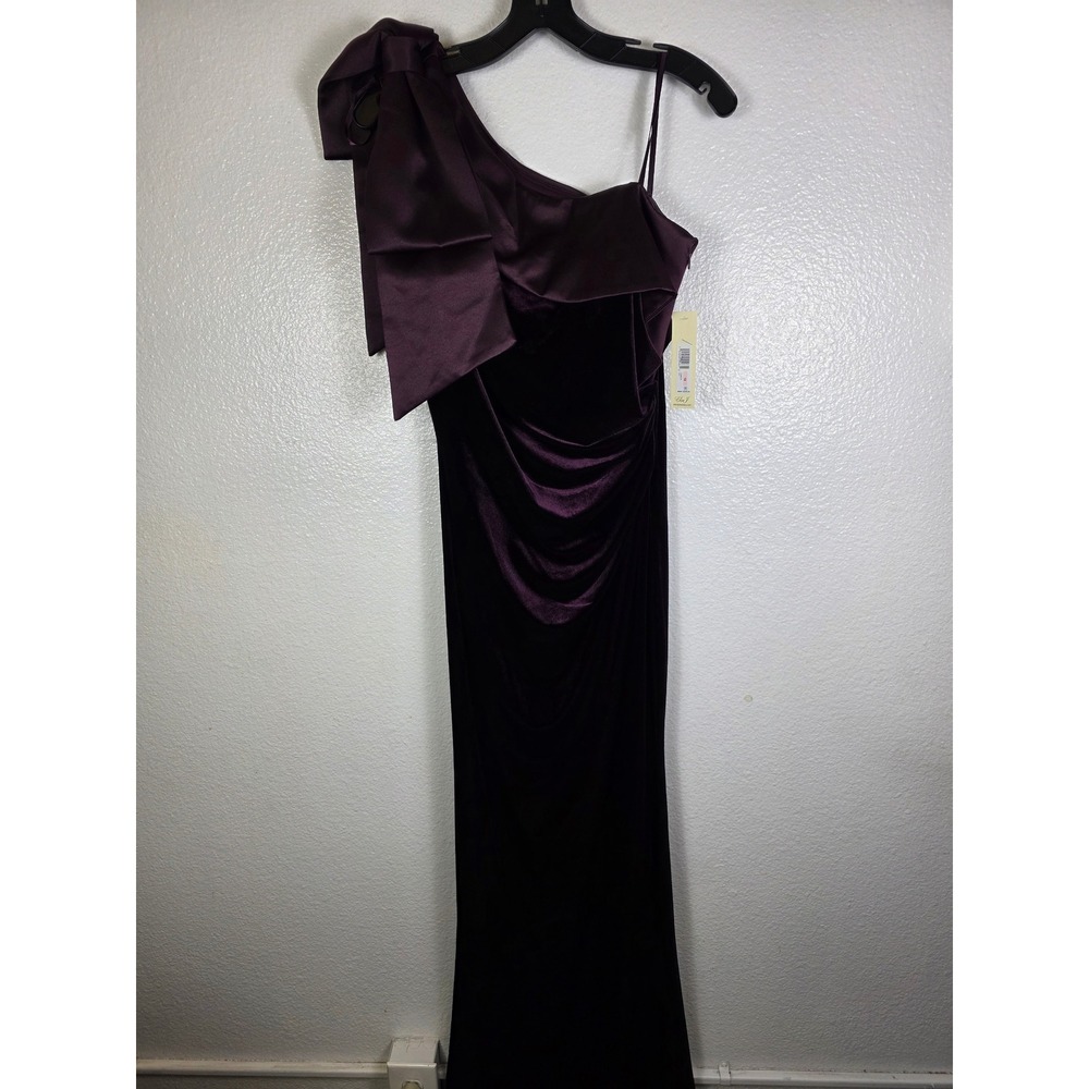 Eliza J Womens One Shoulder Velvet Gown Satin‎ Bow Aubergine Purple Size 10